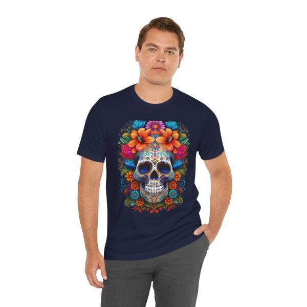 "Sugar Skull" Mexican Day of the Dead Floral Skull Halloween Design - Short Sleeve Unisex T-Shirt for Men & Women - Image 69